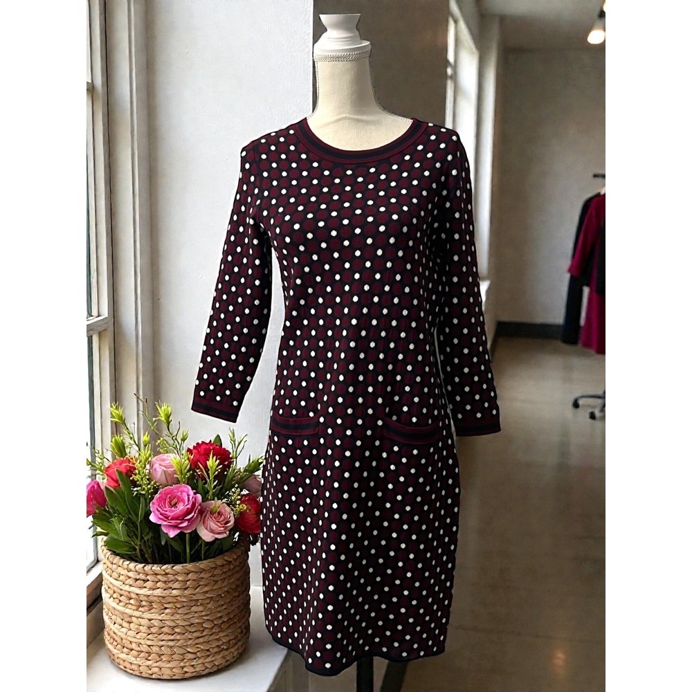 Boden Polka Dot Knit Sweater Dress Burgundy Navy Dotty Days Long Sleeve Size 12